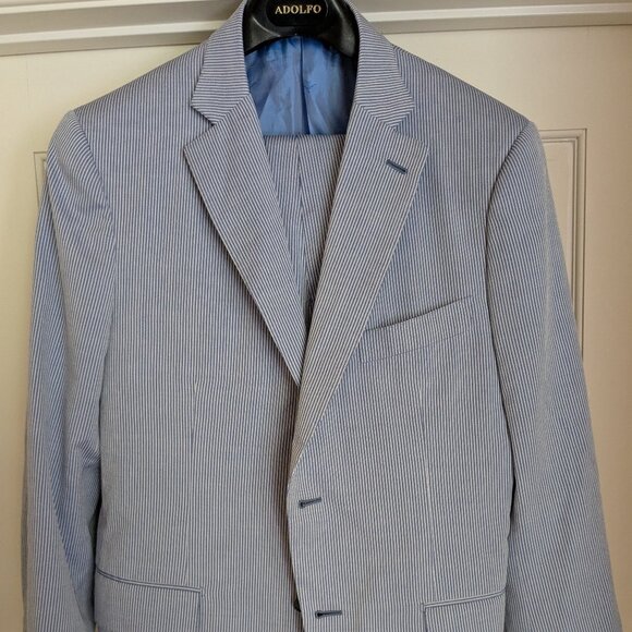 LNWOT Recent Isaia Napoli Seersucker Summery White Blue Striped Suit EU52R US40R - Picture 1 of 11